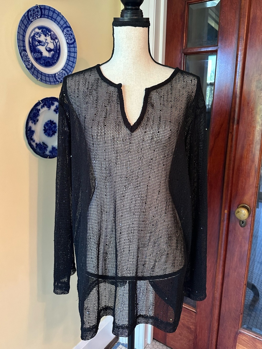 Sun-n-Sand | VTG Black Mesh Sequin V-Neck Beach Cover Up Tunic, Size L